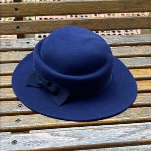 Navy Blue Wool Hat with black Bow 841N